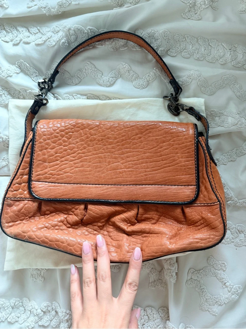 Fendi Orange Leather Shoulder Bag with Black Trim and Buckles